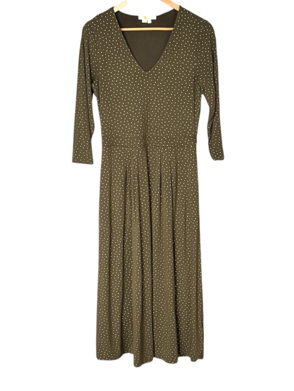 Boden Olive & Gold Polka Dot Jersey Midi Dress Pockets US 8R⁠ - Picture 3 of 8